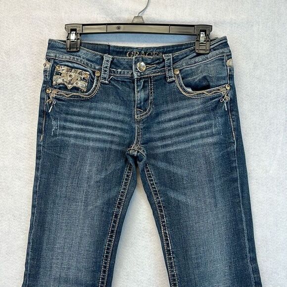 GRACE in LA Jeans Womens Sz 27 Blue Denim Stretch Rhinestone Bootcut Stone Wash - Picture 4 of 14